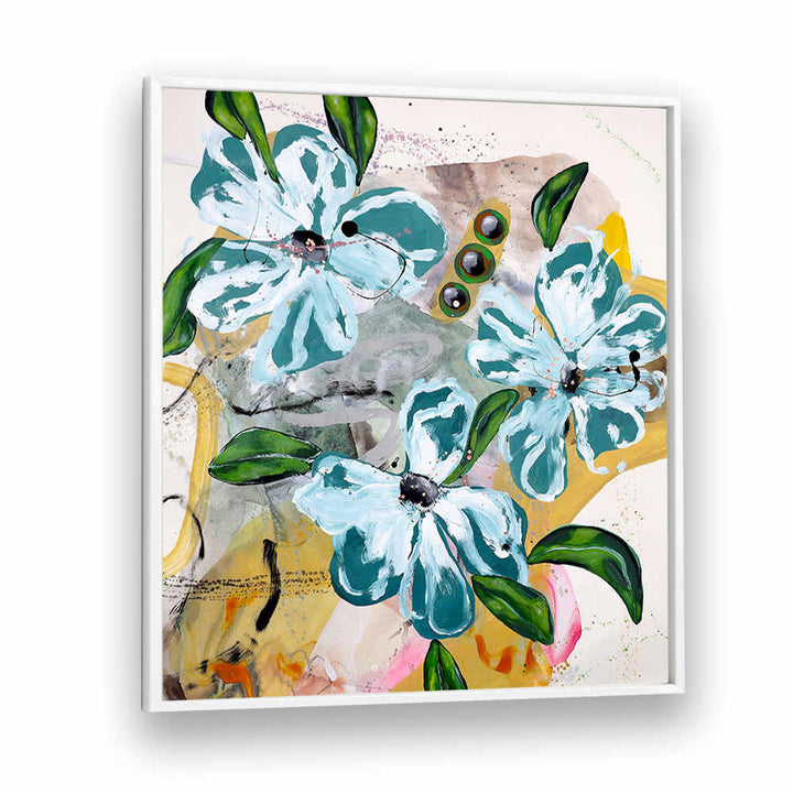 BOLD BLUE AND GREEN FLOWERS , FLORAL FLOWER PAINTINGS