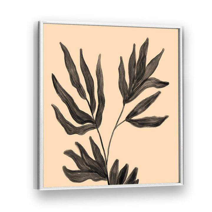 Elegant BOTANICAL ABSTRACT III, FLORAL FLOWER PAINTINGS featuring striking leaf design on a soft peach background.