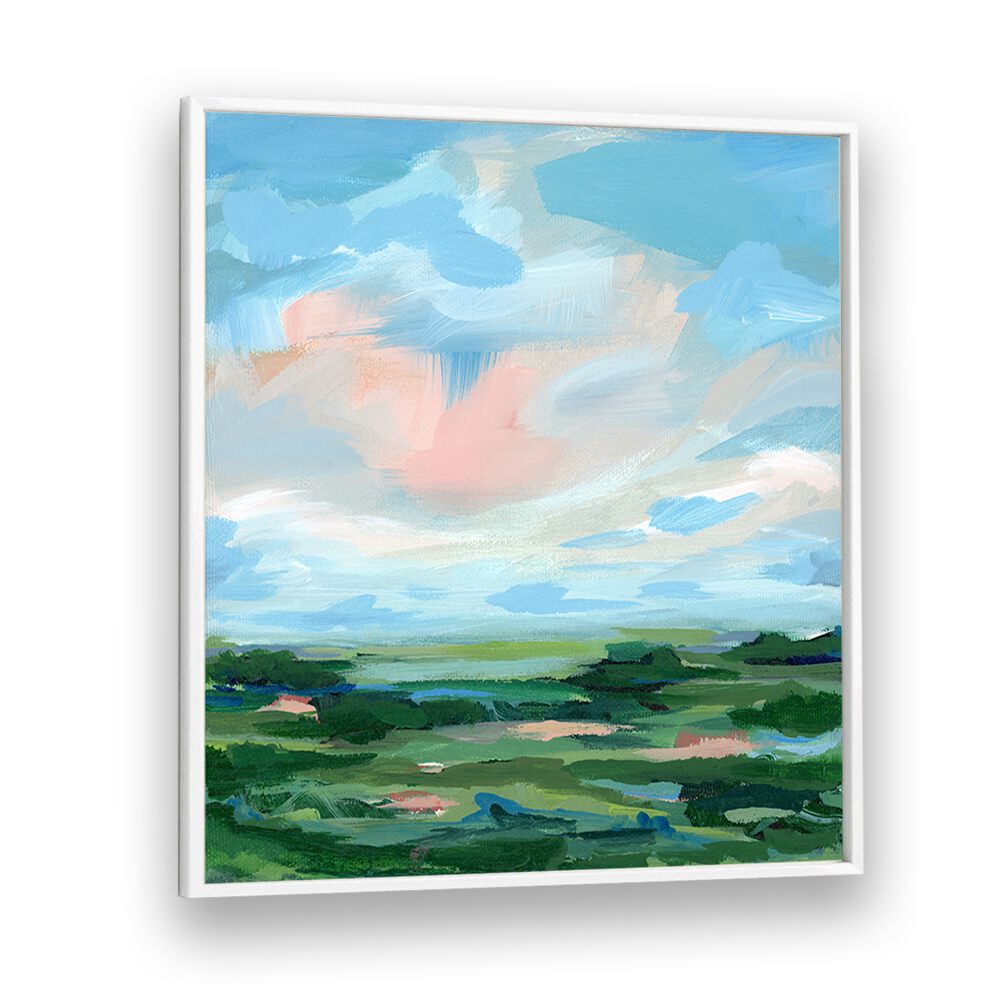 Vibrant landscape in soft blues and greens, showcasing the essence of COME AWAY, ABSTRACT PAINTINGS.