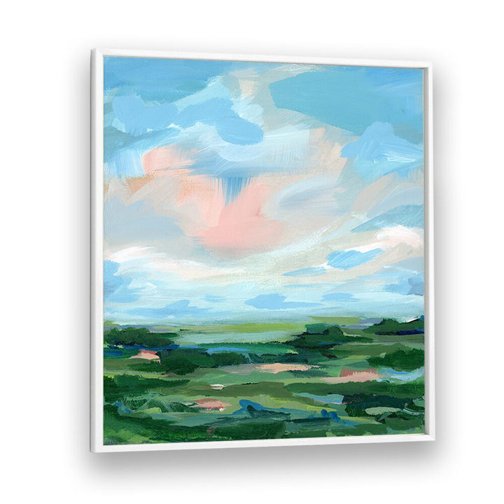 Vibrant landscape in soft blues and greens, showcasing the essence of COME AWAY, ABSTRACT PAINTINGS.