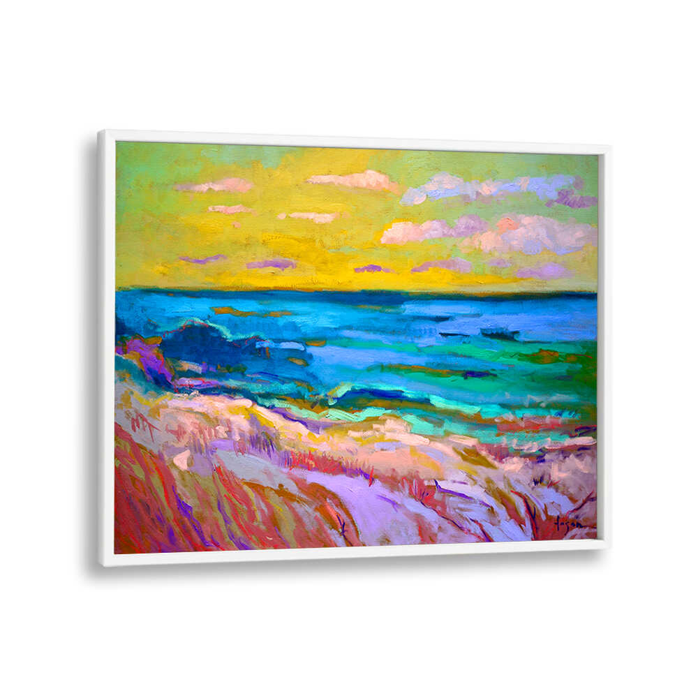 Vibrant framed coastal shoreline at dusk with golden sky and teal waves — COASTAL  SUNSET , LANDSCAPE PAINTINGS, White Plain