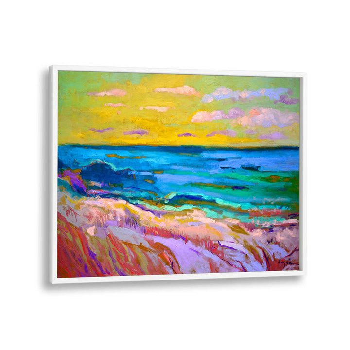 Vibrant framed coastal shoreline at dusk with golden sky and teal waves — COASTAL  SUNSET , LANDSCAPE PAINTINGS, White Plain