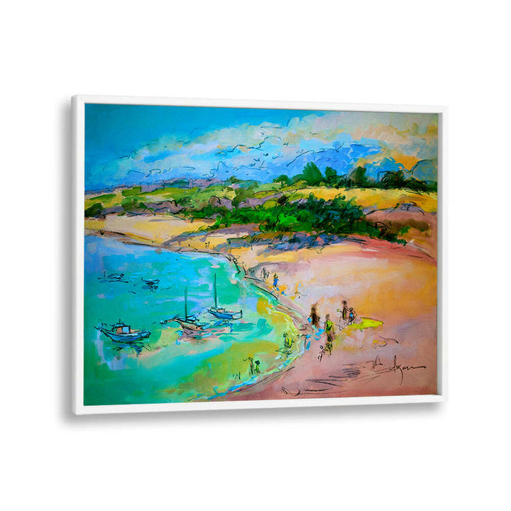 COASTAL SERENITY , LANDSCAPE PAINTINGS by WhitePlain — pastel shore with boats, dunes and small beach figures