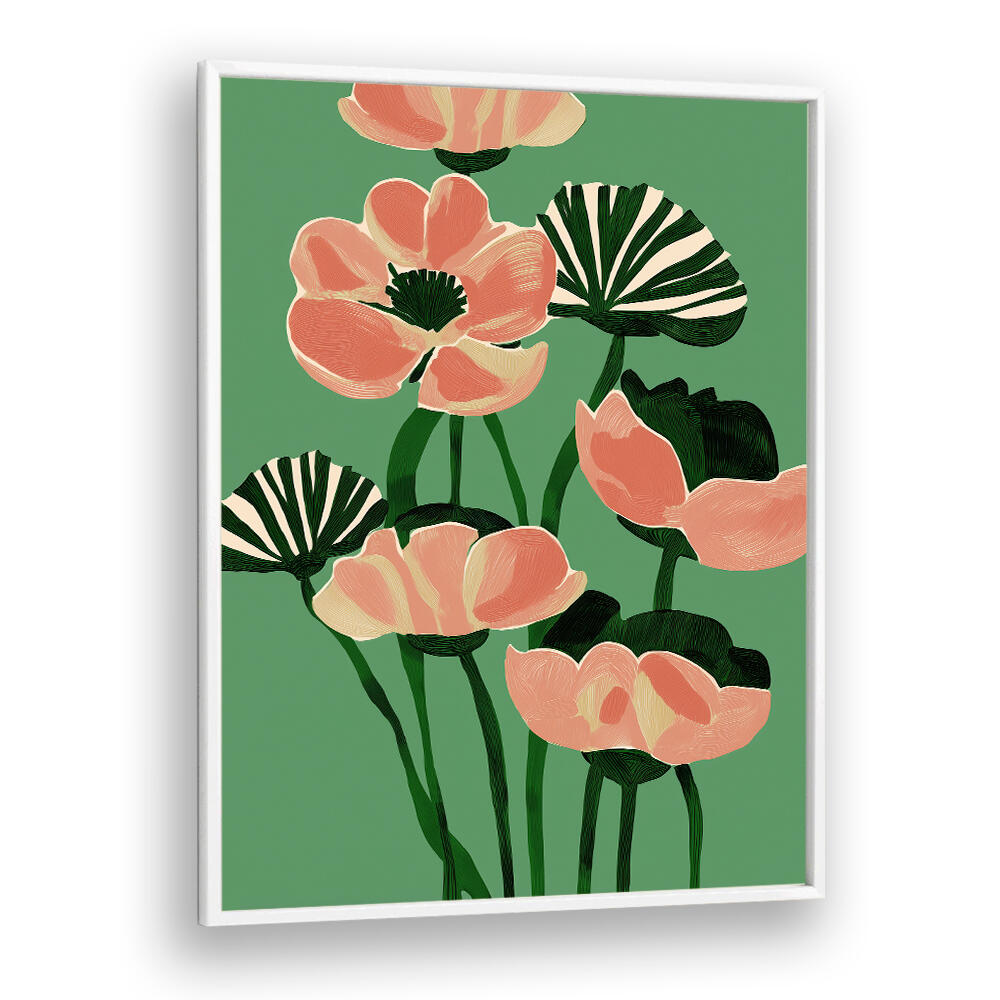 CORAL POPPIES ON GREEN , FLORAL FLOWER PAINTINGS