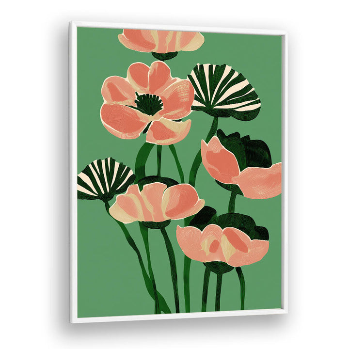 CORAL POPPIES ON GREEN , FLORAL FLOWER PAINTINGS