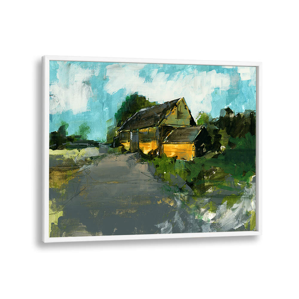 Serene countryside scene featuring the COUNTRY BARN I, LANDSCAPE PAINTINGS, perfect for tranquil home decor.