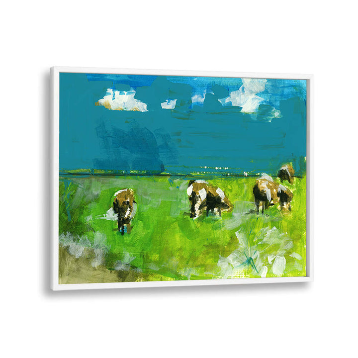 Cows grazing in a lush landscape, featured in COWS IN LANDSCAPE II, LANDSCAPE PAINTINGS, perfect for home decor.