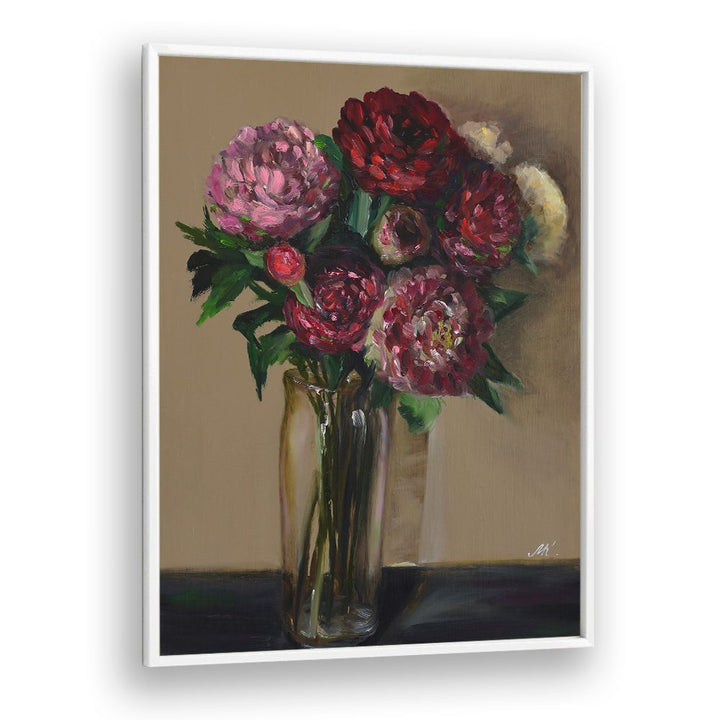 DARK RED PEONIES IN GLASS VASE
