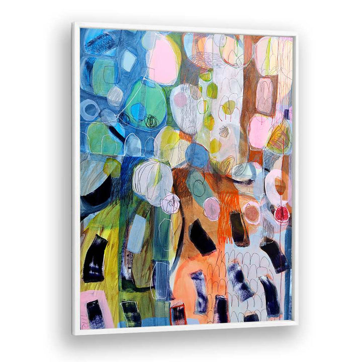 Colorful abstract painting, ELEMENTS ORGANISEES V, featuring dynamic brushwork and earth tones, perfect for any space.