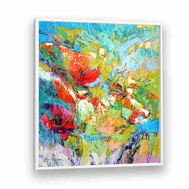 Vibrant floral abstract with bold reds, turquoise and textured brushstrokes — FLORAL HARMONY BURST , ABSTRACT PAINTINGS