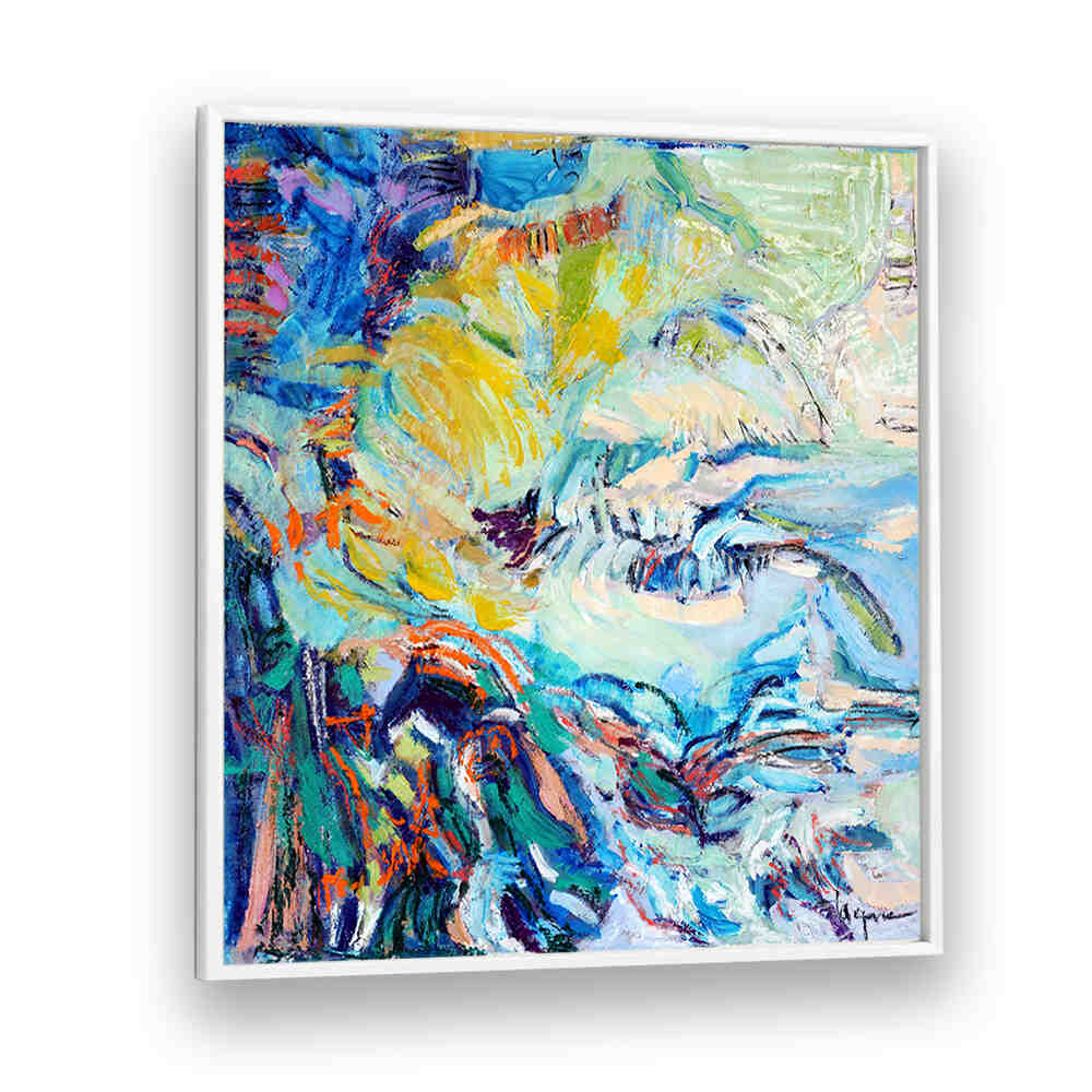 FLOWING HUES , ABSTRACT PAINTINGS vibrant framed canvas with swirling blue, yellow and teal brushstrokes
