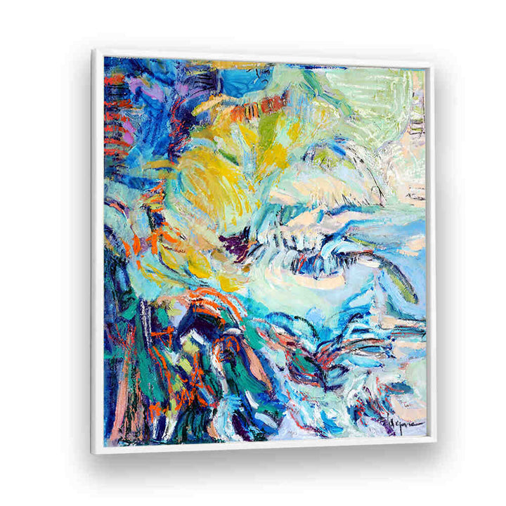 FLOWING HUES , ABSTRACT PAINTINGS vibrant framed canvas with swirling blue, yellow and teal brushstrokes