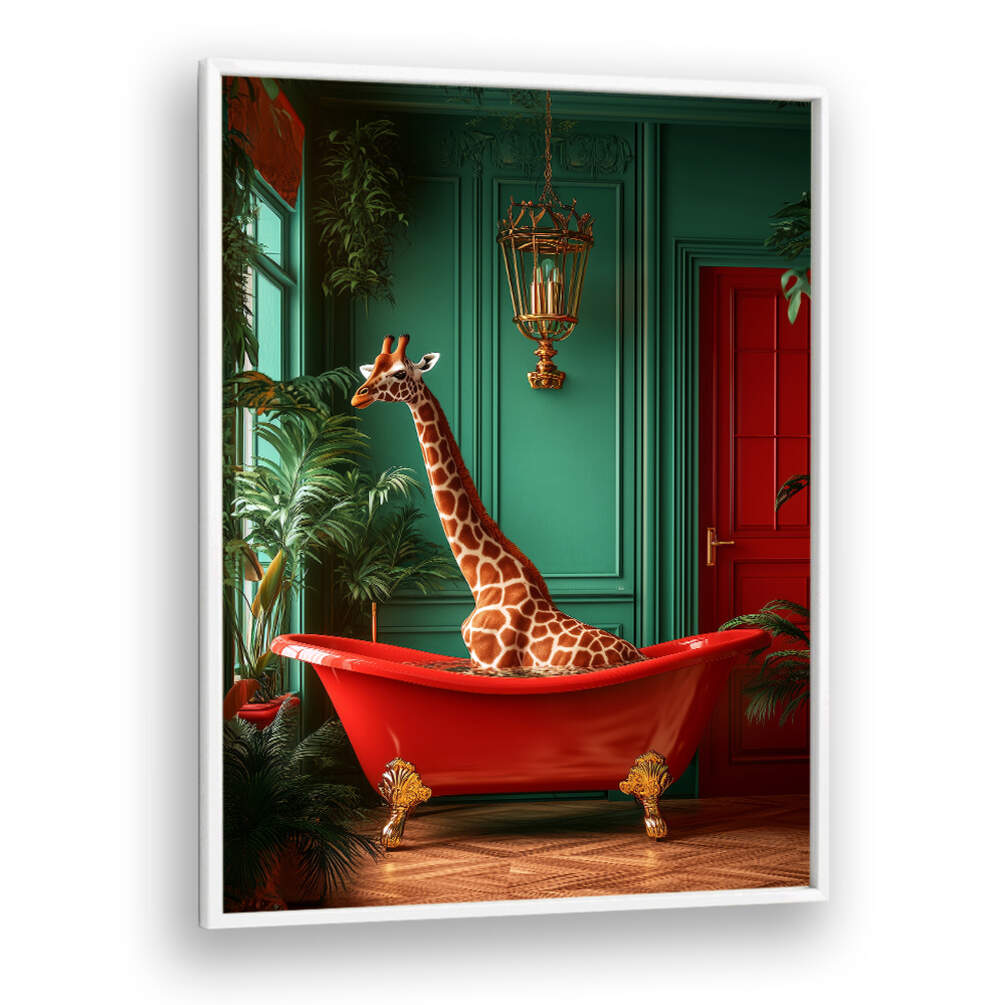 GIRAFFE IN THE BATHTUB TROPICAL ANIMALS , BATHROOM ART PRINTS