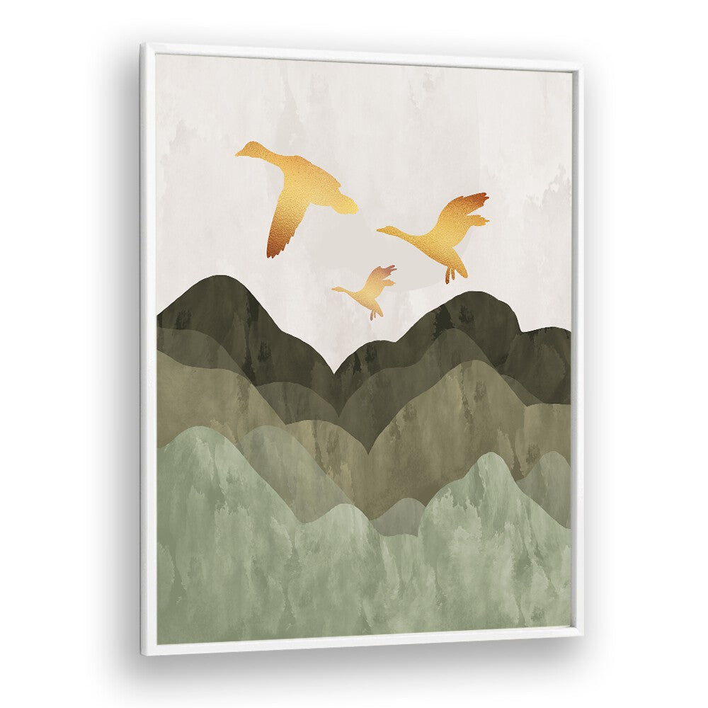 Golden birds flying over serene mountains, showcasing stunning landscape paintings for any living space.