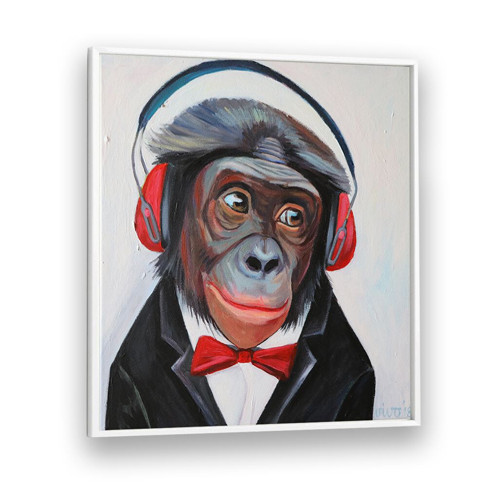 Stylish GROOVY PRIMATE TUNES, COMIC POSTERS featuring a dapper monkey in headphones, perfect for comic art lovers.