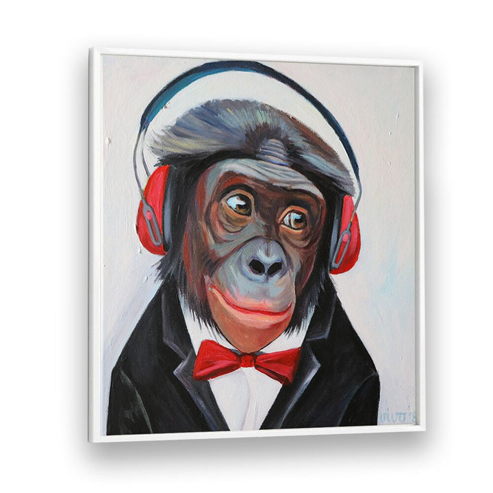 Stylish GROOVY PRIMATE TUNES, COMIC POSTERS featuring a dapper monkey in headphones, perfect for comic art lovers.