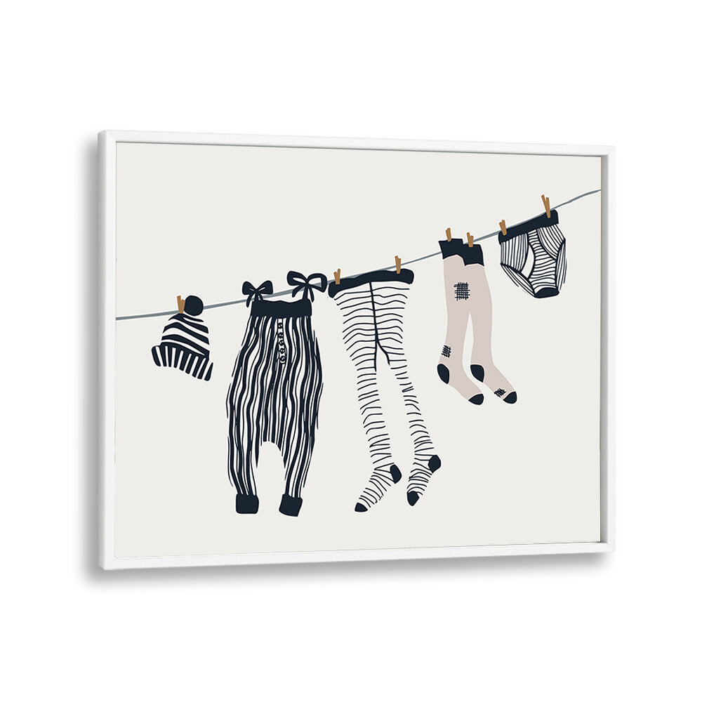 Vibrant LAUNDRY ROOM, KIDS ROOM PAINTINGS featuring playful clothing on a clothesline, perfect for inspiring creativity.