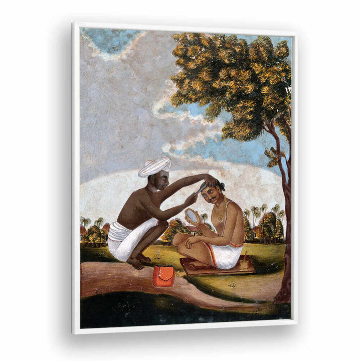 HINDU BARBER SHAVING A MAN'S HEAD