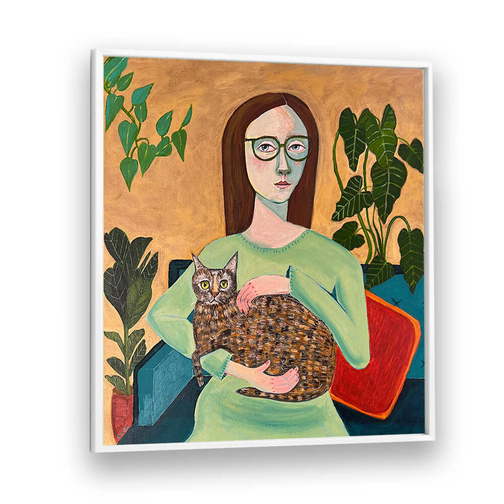 LADY WITH HER CAT IN LOUNGEROOM , PORTRAITS & FIGURATIVE ILLUSTRATIONS