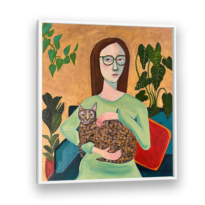 LADY WITH HER CAT IN LOUNGEROOM , PORTRAITS & FIGURATIVE ILLUSTRATIONS