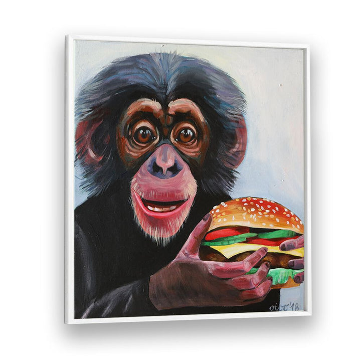 Whimsical MONKEY HOLDING A HAMBURGER, COMIC POSTERS add fun flair to your comic book decor collection.