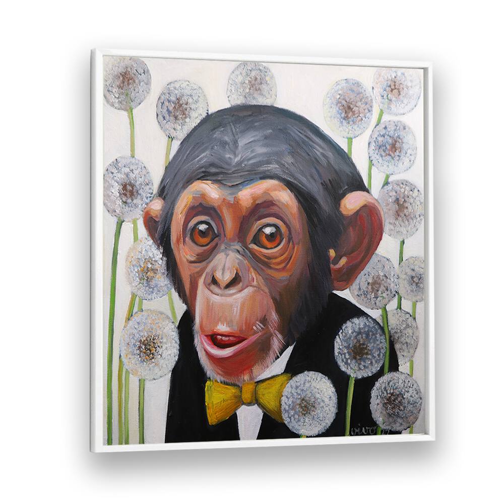 Whimsical MONKEY YELLOW BOW TIE, COMIC POSTERS art featuring a dressed-up monkey among dandelions, perfect for wall decor.