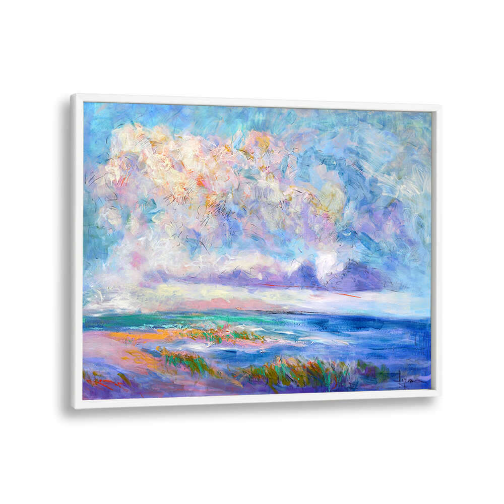 WhitePlain framed coastal scene with vibrant sky, dunes and sea — NATURE INSPIRED , LANDSCAPE PAINTINGS