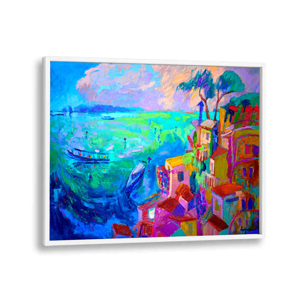 NATURE INSPIRED LANDSCAPE II , LANDSCAPE PAINTINGS vibrant coastal with boats, colorful cliffside houses and palms