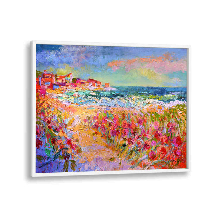 NATURE’S VIVID BEAUTY , LANDSCAPE PAINTINGS — Imagy framed coastal scene with vivid flowers, crashing surf and colorful sky