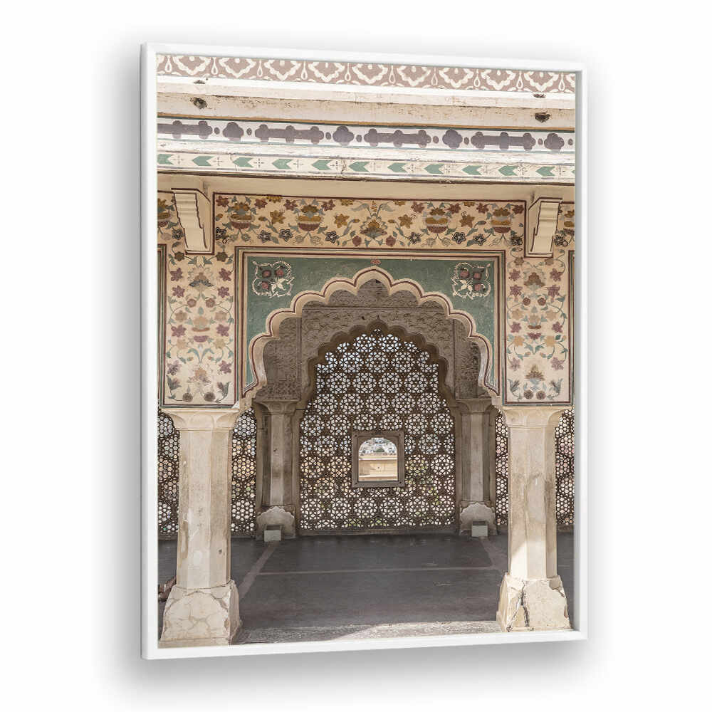 ORNATE ARCHWAY , INDIAN ART PAINTINGS showcasing carved jali screen, scalloped arch and floral frescoed pillars in muted tones