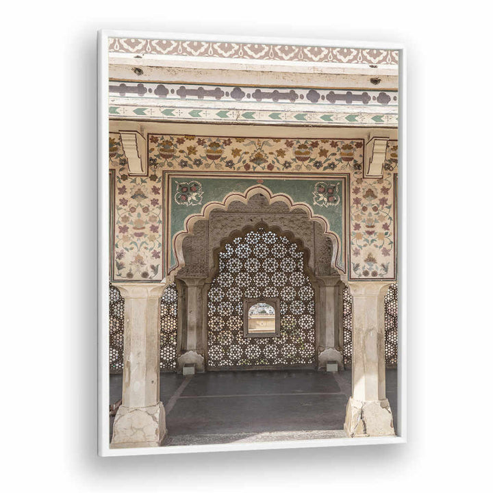 ORNATE ARCHWAY , INDIAN ART PAINTINGS showcasing carved jali screen, scalloped arch and floral frescoed pillars in muted tones