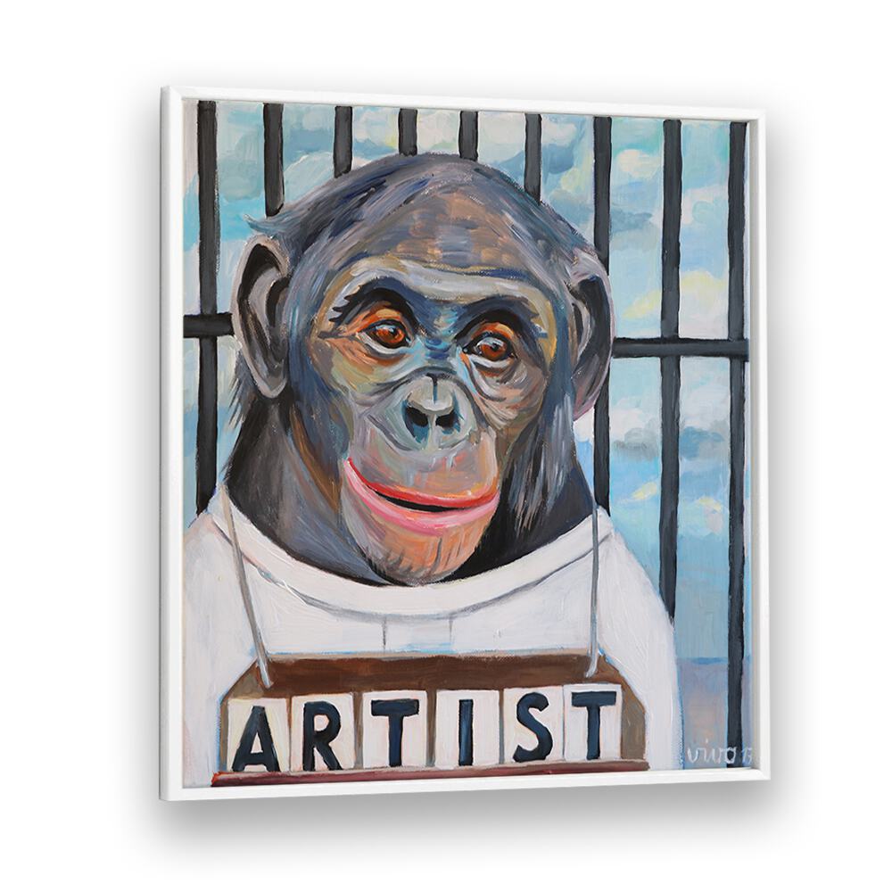 Vibrant PRIMATE PORTRAITURE, COMIC POSTERS feature a whimsical monkey artist, perfect for art enthusiasts.