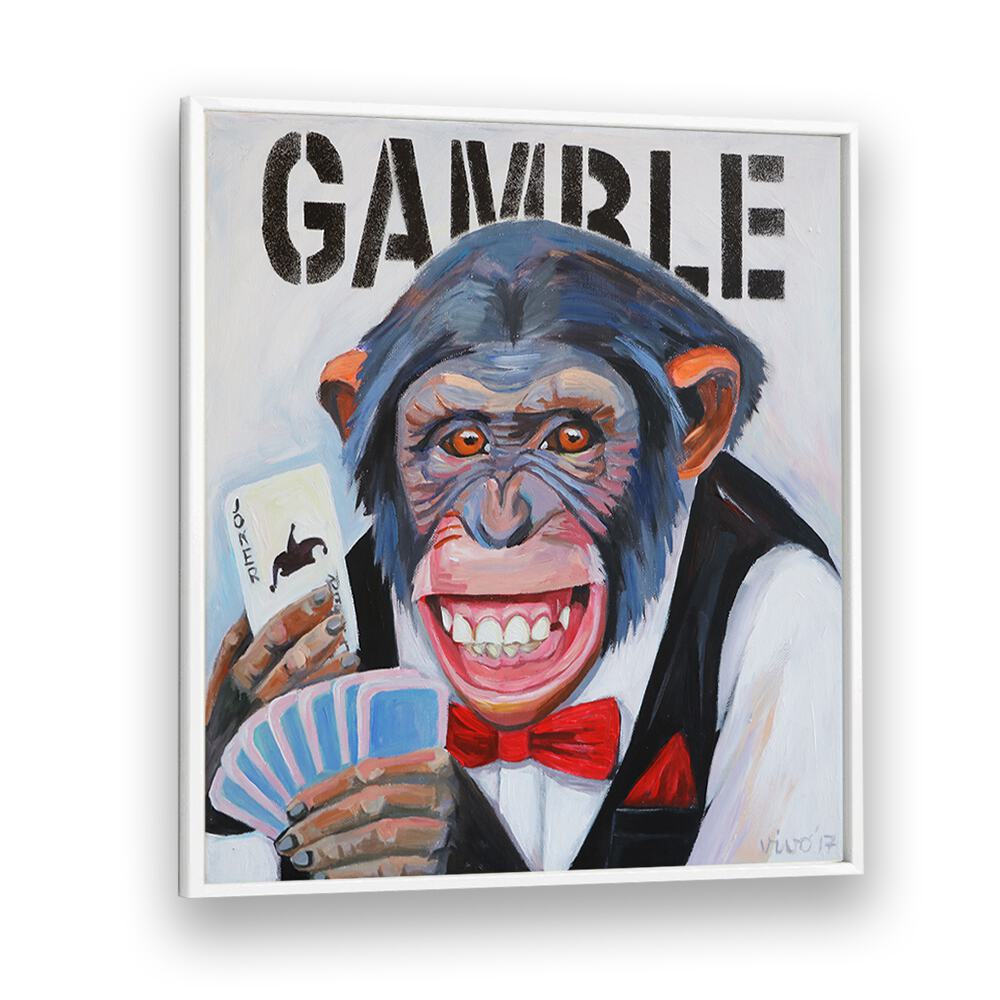Vibrant PRIMATE'S POKER FACE, COMIC POSTERS capture action with a playful monkey holding cards and a joker.