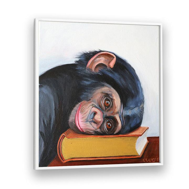 Resting monkey head on a book, comic posters add whimsy to your decor, perfect for comic art enthusiasts.