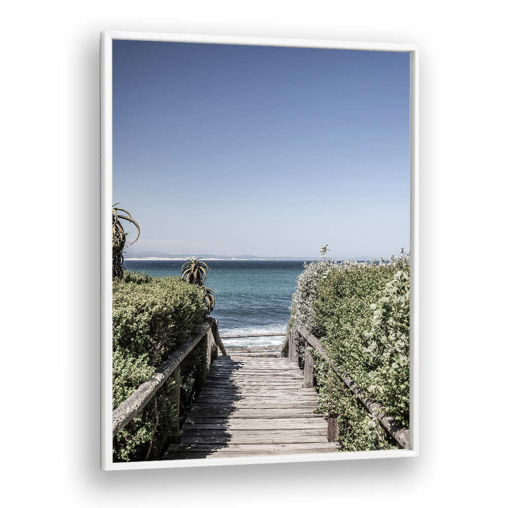 Framed SEASIDE TRANQUILITY , BEACH PAINTINGS featuring a wooden boardwalk through dunes to a calm blue sea