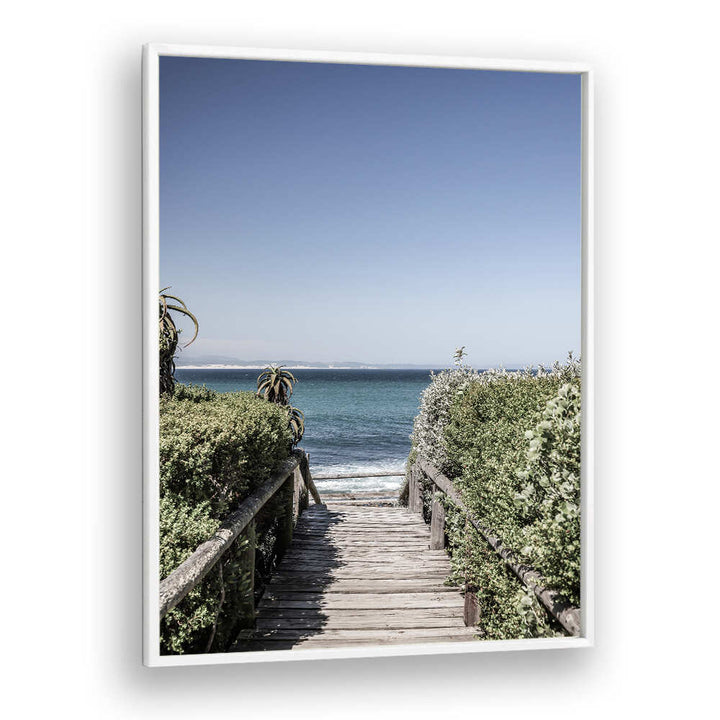 Framed SEASIDE TRANQUILITY , BEACH PAINTINGS featuring a wooden boardwalk through dunes to a calm blue sea