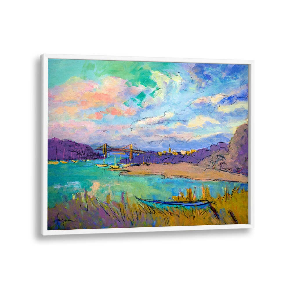Framed SERENE RIVER SKIES , LANDSCAPE PAINTINGS showing pastel river, sailboats, bridge and vibrant sky over marsh.