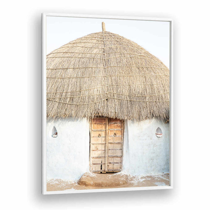 THATCHED HAVEN , INDIAN ART PAINTINGS rustic thatched hut with wooden door and whitewashed mud wall