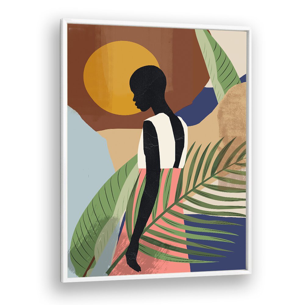 Vibrant TROPICAL GIRL SHAPE, BOHO ART PAINTINGS showcasing a silhouette against colorful, nature-inspired backgrounds.