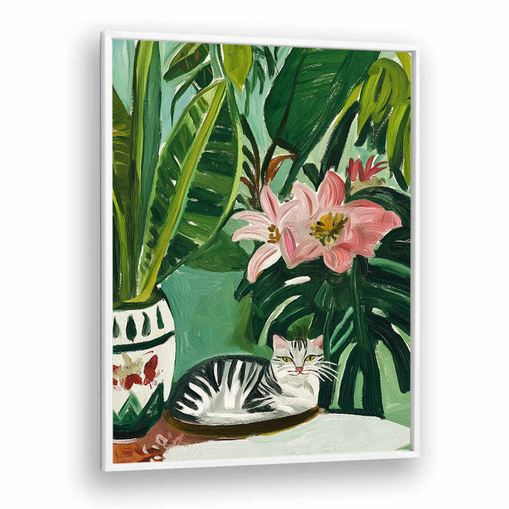 TROPICAL MUSE WITH CAT , FLORAL FLOWER PAINTINGS