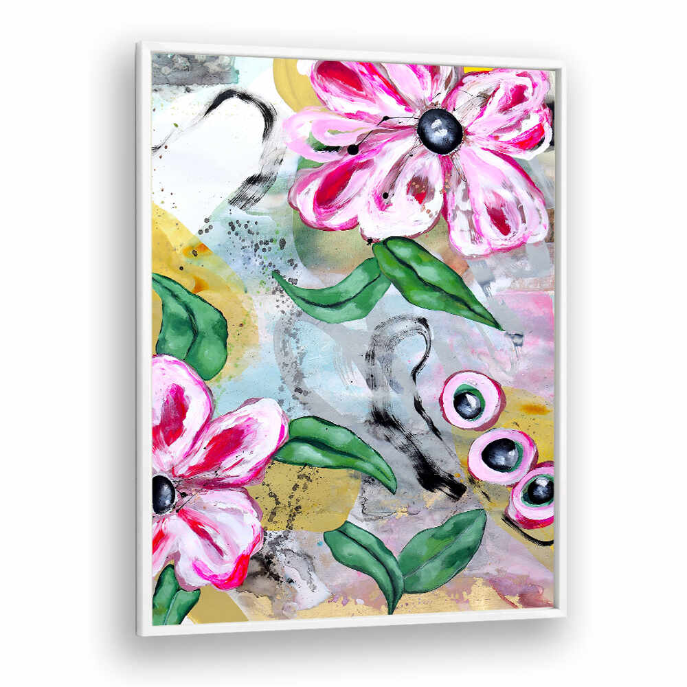 VIBRANT PINK FLOWERS AND GREEN LEAVES , FLORAL FLOWER PAINTINGS