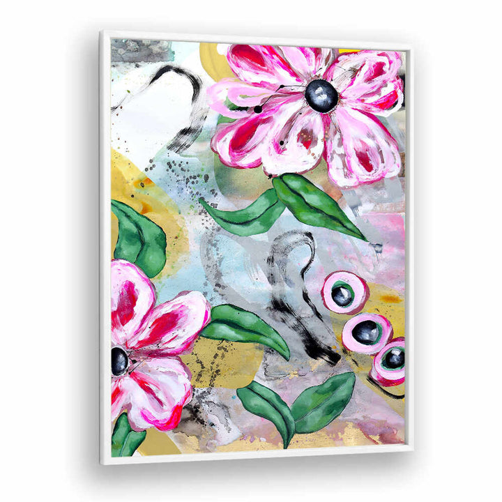 VIBRANT PINK FLOWERS AND GREEN LEAVES , FLORAL FLOWER PAINTINGS