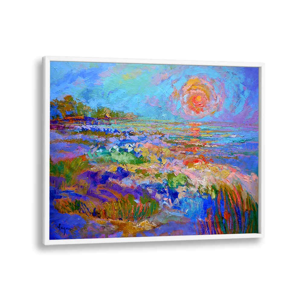 VIVID HORIZON GLOW , LANDSCAPE PAINTINGS radiant textured coastal sunrise with luminous horizon in vivid blues, pinks and golds