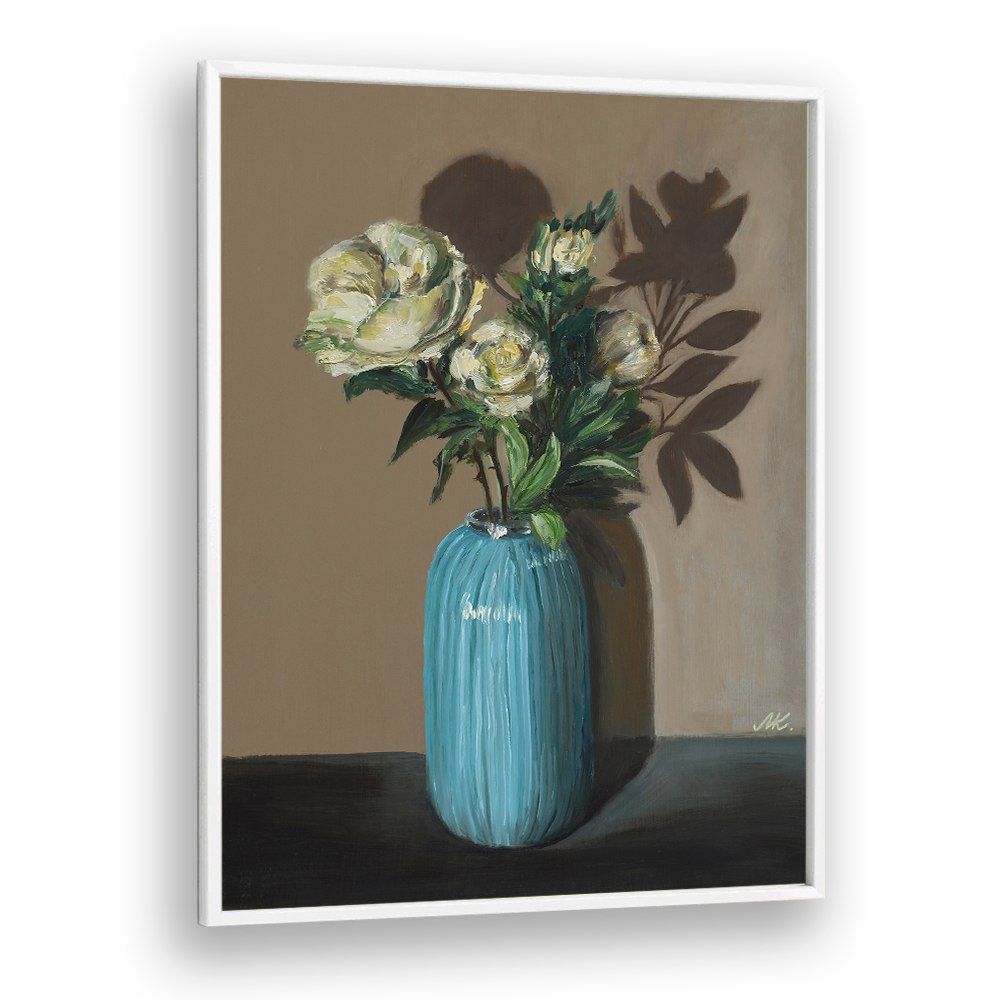WHITE PEONIES IN BLUE VASE