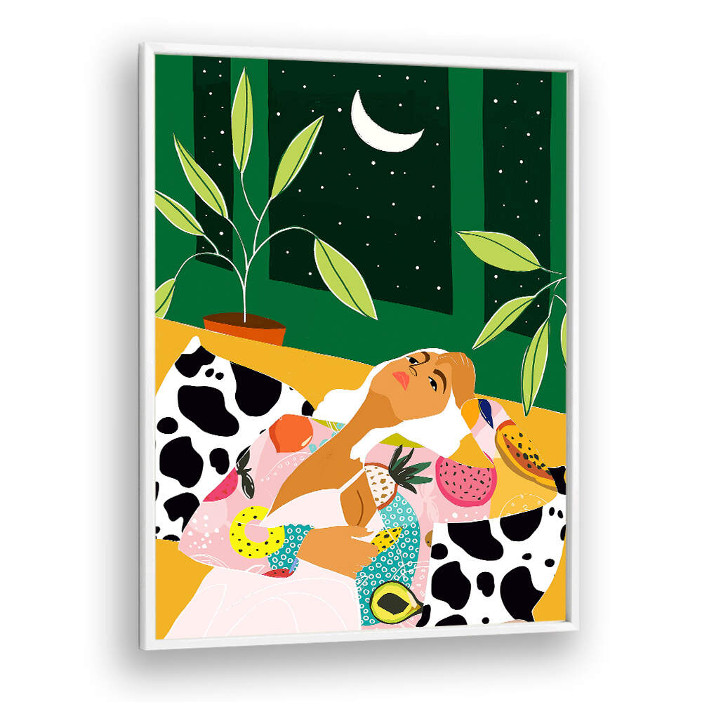 WOMAN RELAXING UNDER A CRESCENT MOON , FASHION POSTERS