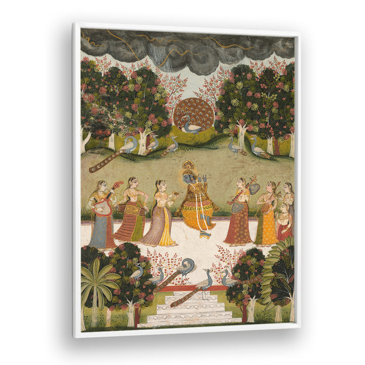 KRISHNA PLAYING THE FLUTE TO SEVEN GOPIS HOLDING MUSICAL INSTRUMENTS , INDIAN ART PAINTINGS