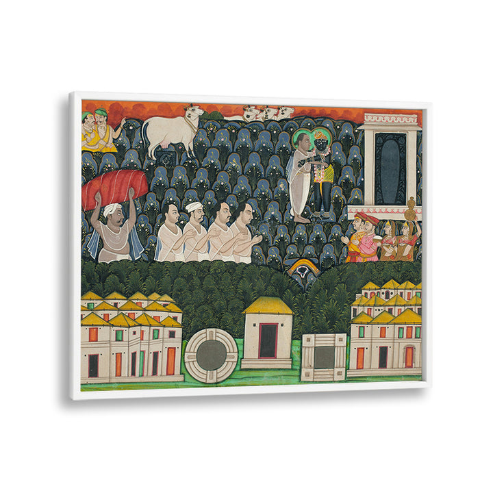 PRATHAM MILAN SHRINATHJI REVEALING HIMSELF TO VALABHACHARYA ON MOUNT GOVARDHAN  SACRED ENCOUNTER ON MOUNT GOVARDHAN , INDIAN ART PAINTINGS