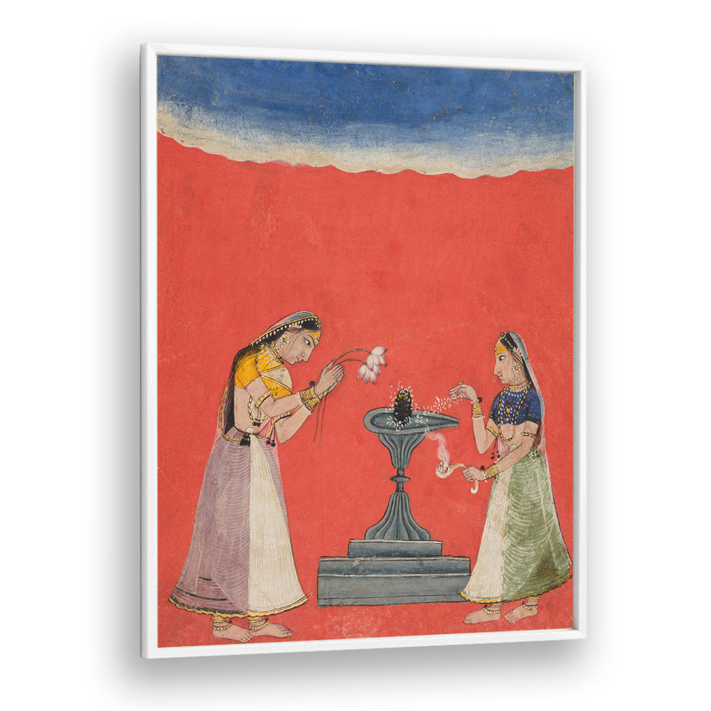 WOMEN WORSHIPPING A SHIVA LINGA , INDIAN ART PAINTINGS