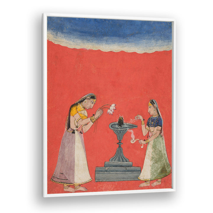 WOMEN WORSHIPPING A SHIVA LINGA , INDIAN ART PAINTINGS