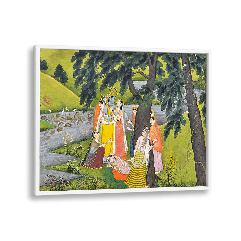 KRISHNA AND THE GOPIS ON THE BANK OF THE YAMUNA RIVER , INDIAN ART PAINTINGS